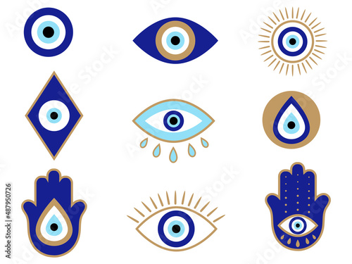 Set of mystical hamsa. Collection of  different amulet blue evil eye or Turkish eye. Modern amulet for protection. Spirituality sign. © panaceaart