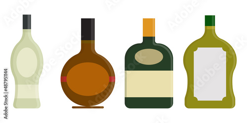 Simple set of alcoholic colorful bottles illustration. Alcohol cocktails drinks icons. Bar menu flat color vector logos.