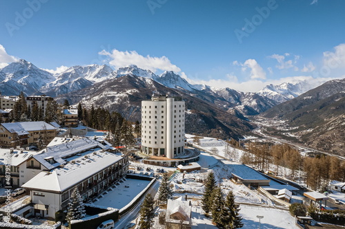Fotografija Above view of Sauze d'Oulx mountain village in the Alps Milky Way ski area