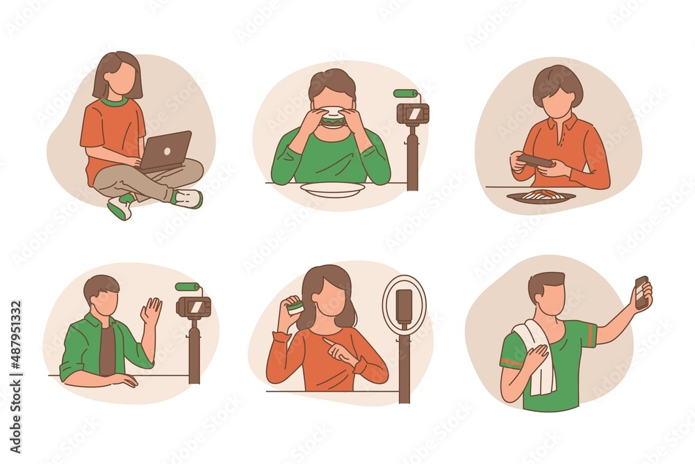 Various bloggers recording video for vlog in front of camera. Set of flat vector illustrations Various bloggers recording video for vlog in front of camera. Set of flat vector illustrations