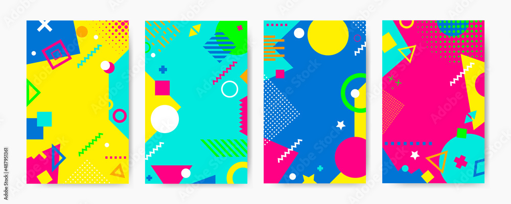 Cards with lots of vector geometric shapes. Memphis trendy graphic elements. Template for your project, advertising, banner, poster, t-shirt.