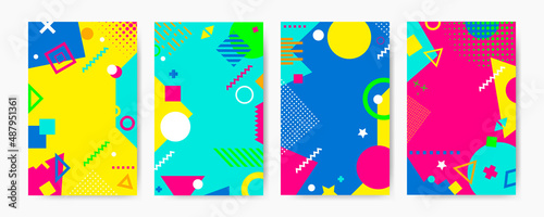 Cards with lots of vector geometric shapes. Memphis trendy graphic elements. Template for your project, advertising, banner, poster, t-shirt.