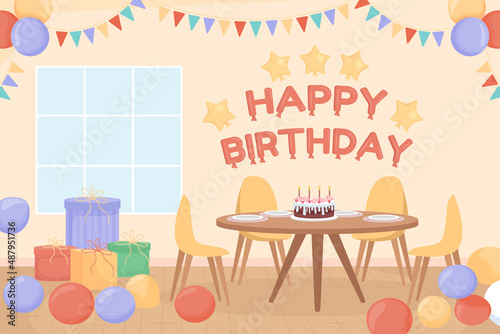 Home birthday party flat color vector illustration. Celebrating and greeting friends, family members. House party 2D simple cartoon interior with decorations on background. Fredoka One font used