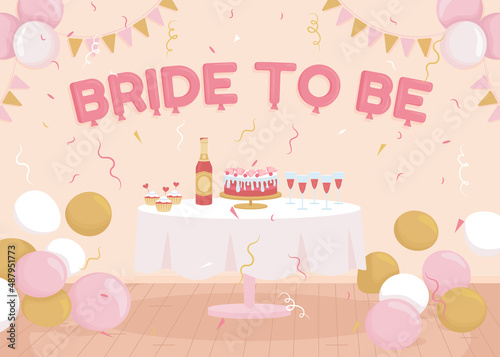 Home bachelorette party flat color vector illustration. Hen night. Entering marriage. Pre wedding event. 2D simple cartoon interior with decorated room on background. Fredoka One font used
