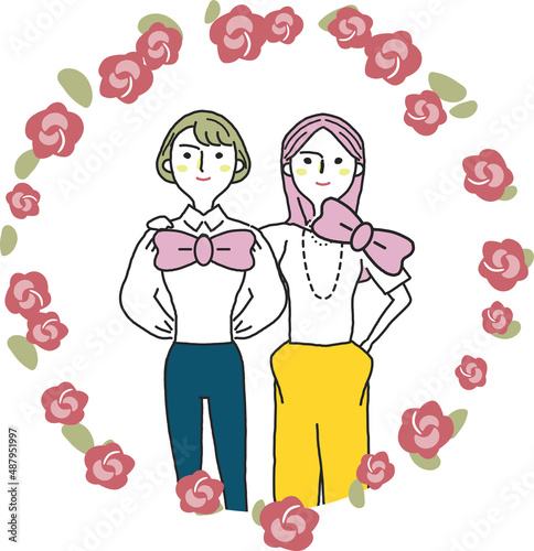 ピンクのリボンと花に囲まれた二人の女性　イラスト素材	