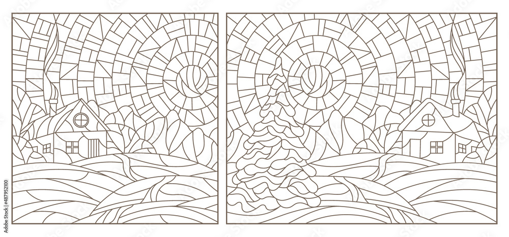 Set contour illustrations of stained glass Windows landscape , lonely house on a background of nature Set contour illustrations of stained glass Windows landscape , lonely house on a background of nature