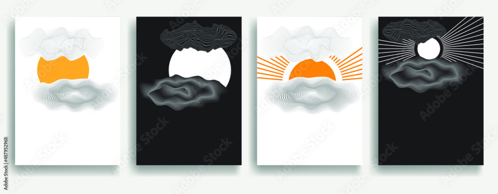 Contemporary art composition . Vector illustration . Modern sun and cloud background . Minimal design brochure . Abstract geometric poster.