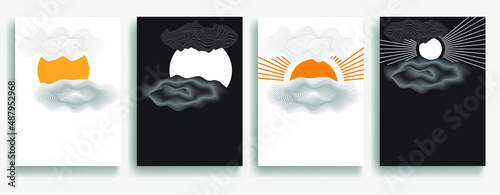 Contemporary art composition . Vector illustration . Modern sun and cloud background . Minimal design brochure . Abstract geometric poster.