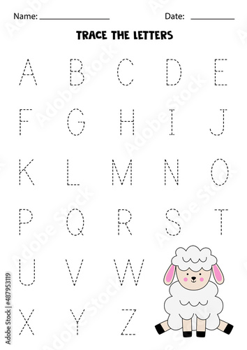 Learning alphabet. Tracing letters. Cute Easter sheep.