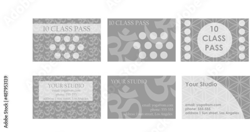 10 class pass loyalty card in yoga design with flower of life and om, aum sign symbols. Vector template card.