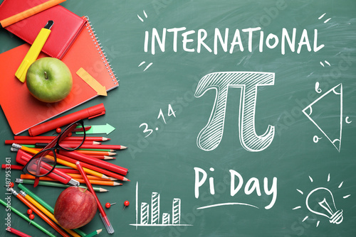 Set of stationery on school chalkboard. International Pi Day