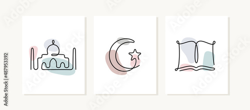 Islam posters. Religious muslim symbols, mosque, crescent and star, koran continuous line vector illustrations.