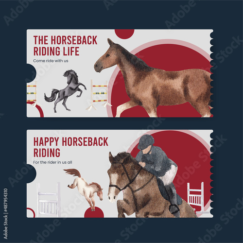 Ticket template with horseback riding concept,watercolor style