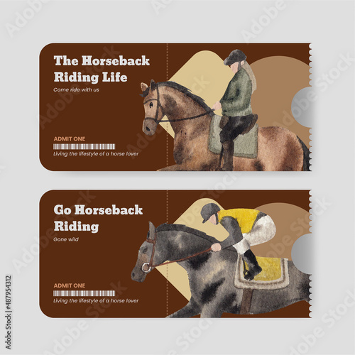 Ticket template with horseback riding concept,watercolor style