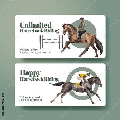 Ticket template with horseback riding concept,watercolor style