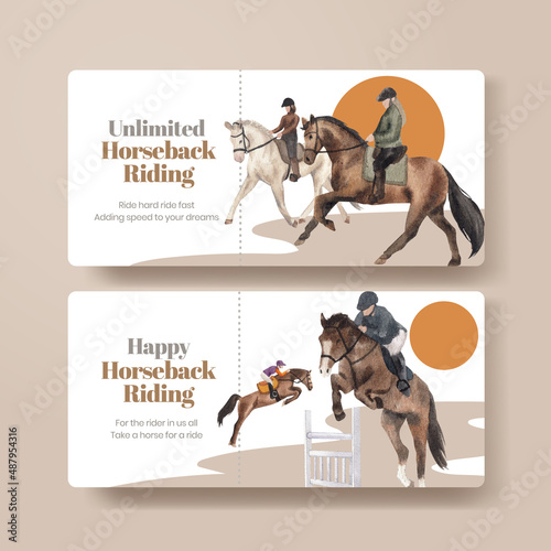 Ticket template with horseback riding concept,watercolor style
