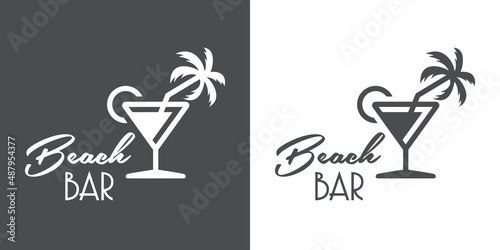 Logotipo con texto Beach Bar con cocktail con copa con palmera con líneas en fondo gris y fondo blanco