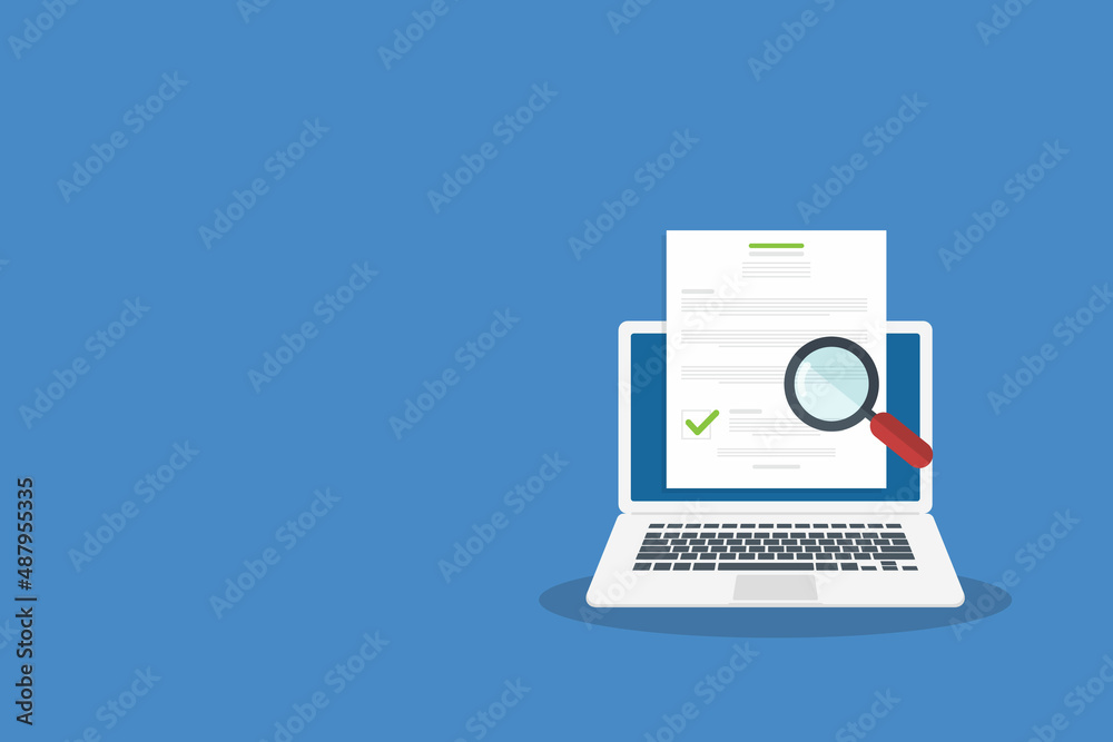 Online digital document inspection or assessment evaluation on laptop computer, contract review, analysis, inspection of agreement contract, compliance verification. Vector illustration	