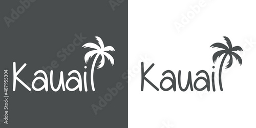 Kauai Beach. Destino de vacaciones. Banner con texto Kauai con silueta de palmera en fondo gris y fondo blanco