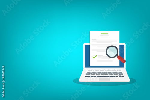 Online digital document inspection or assessment evaluation on laptop computer, contract review, analysis, inspection of agreement contract, compliance verification. Vector illustration	