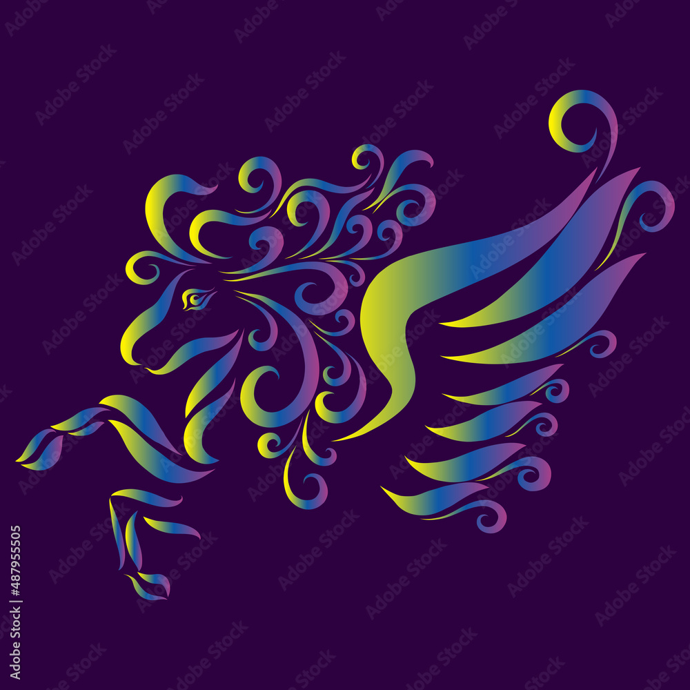 winged pegasus multicolored with long curly mane graceful creative pattern gallops and raises its hooves