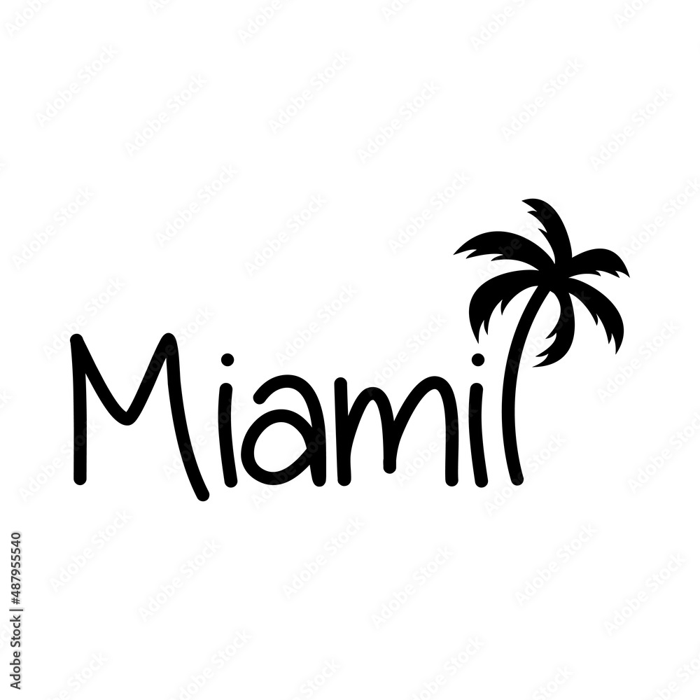 Miami Beach. Destino de vacaciones. Banner con texto Miami con silueta de palmera en color negro