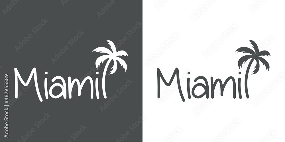 Miami Beach. Destino de vacaciones. Banner con texto Miami con silueta de palmera en fondo gris y fondo blanco