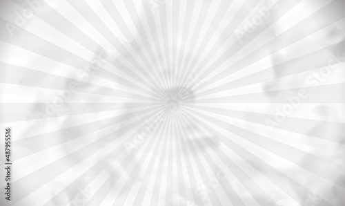 White fog smoke on light gray rays background. Abstract white smoke on ray star burst background. Realistic fog, dimensional tunnel. Mystic spectacular white fog. Copy space. Vector illustration EPS10