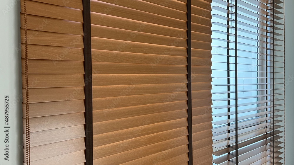 Wooden blinds for interior use on window of house - obrazy, fototapety, plakaty 