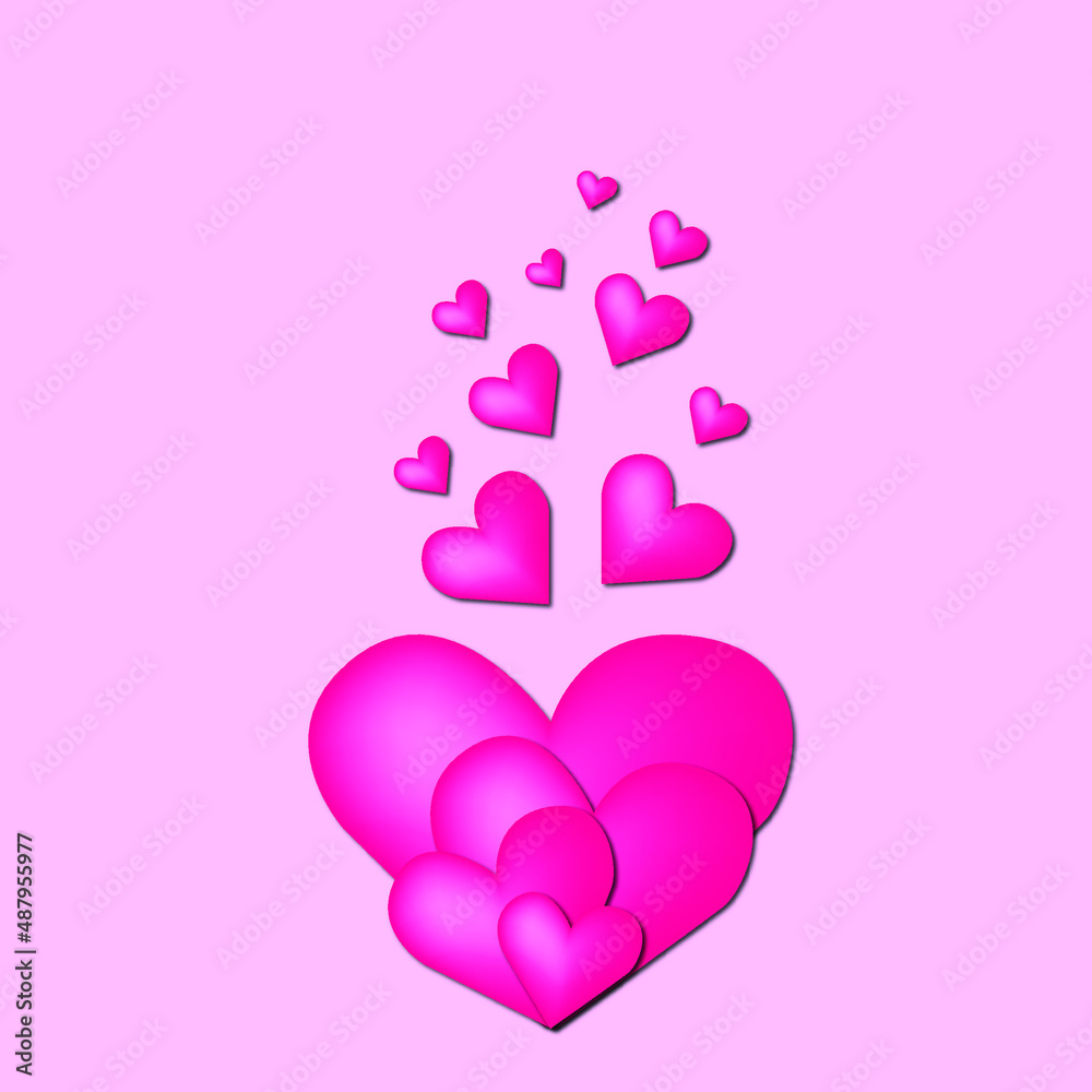 set of voluminous cute pink hearts on a pink background illustration for lovers