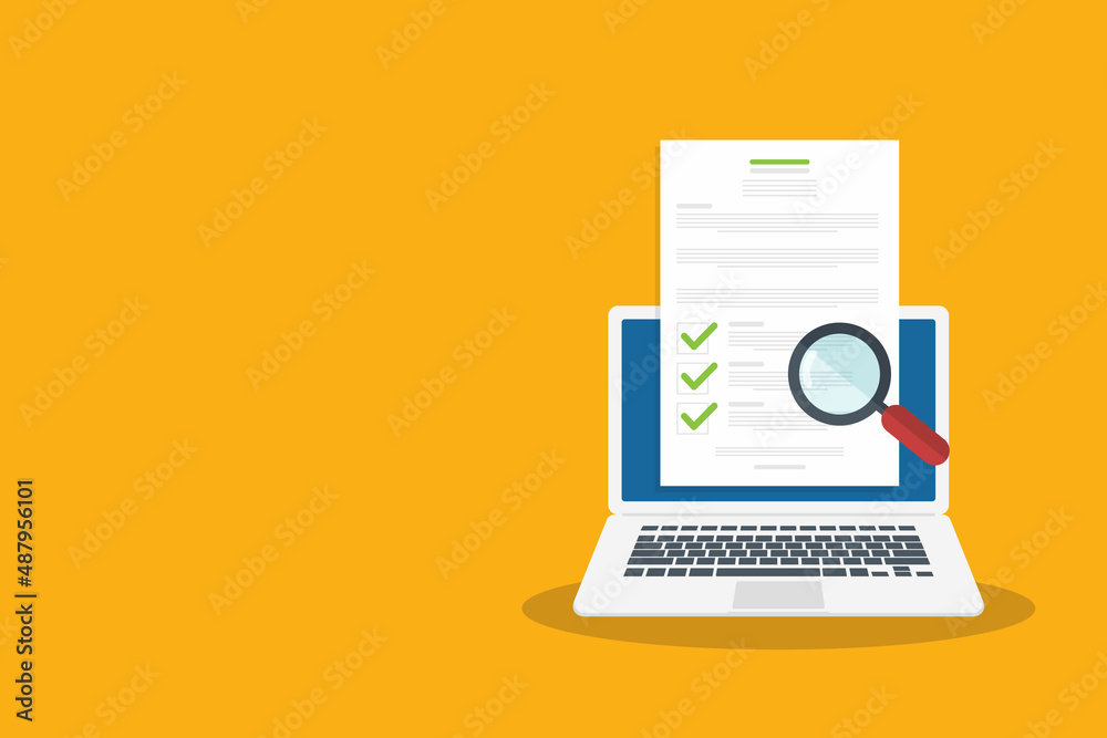 Online digital document inspection or assessment evaluation on laptop computer, contract review, analysis, inspection of agreement contract, compliance verification. Online digital document inspection or assessment evaluation on laptop computer, contract review, analysis, inspection of agreement contract, compliance verification.