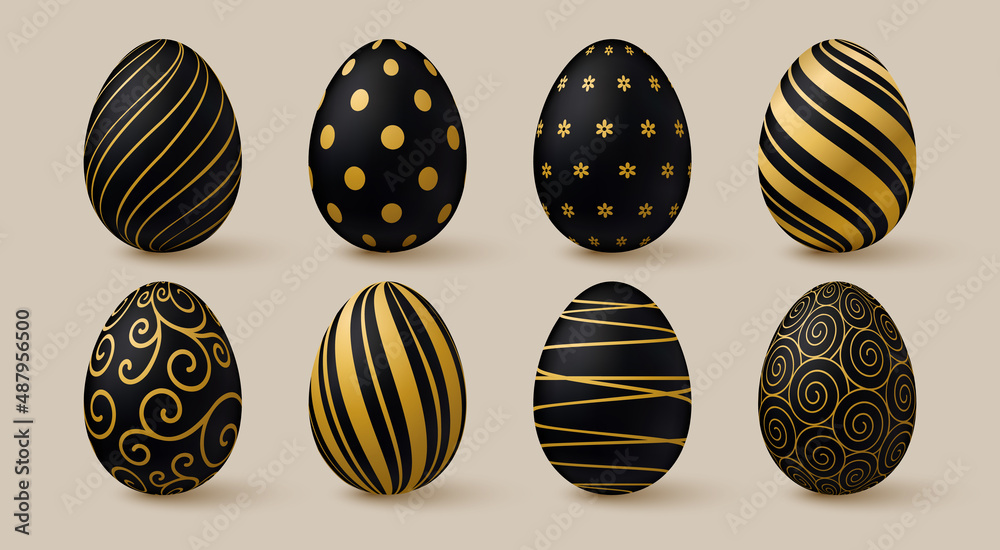 Easter eggs collection. Black and gold 3d elegant design elements.