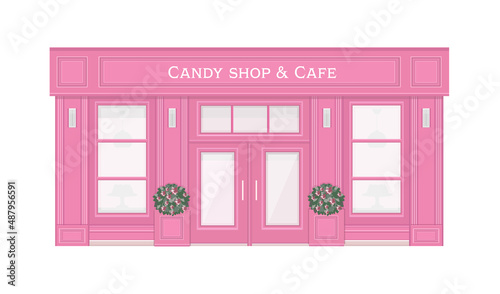 Candy shop rose color. Sweet market.   Confectionery store facade with showcase isolated on white background. Sweets selling concept.  Boutique sweet shop and cafe. Luxury store shop