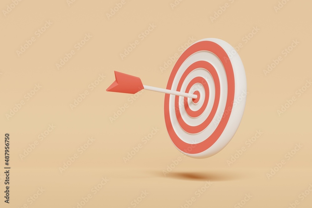 3d render of a red target with white stripes in the center of which an arrow hit