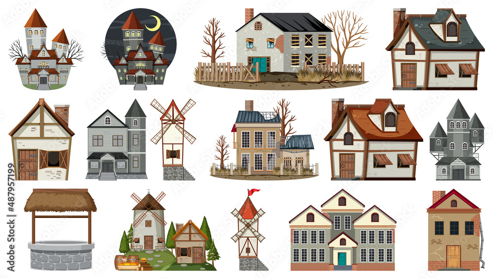 Obraz premium Set of abandoned houses and buildings