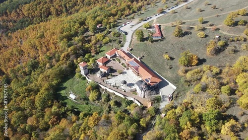 Aerial view of Medieval Tsarnogorski (Gigintsi) monastery St. Kozma and Damyan, Pernik Region, Bulgaria photo