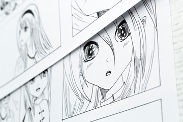 Sketches of drawings of anime comics. Storyboard of characters on paper.