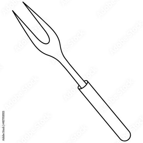 Large barbecue fork with two prongs. Sketch. Tool for turning and removing meat and fish from the grill. Vector illustration. Coloring. Outline on isolated background. Doodle style. Special cook tool.