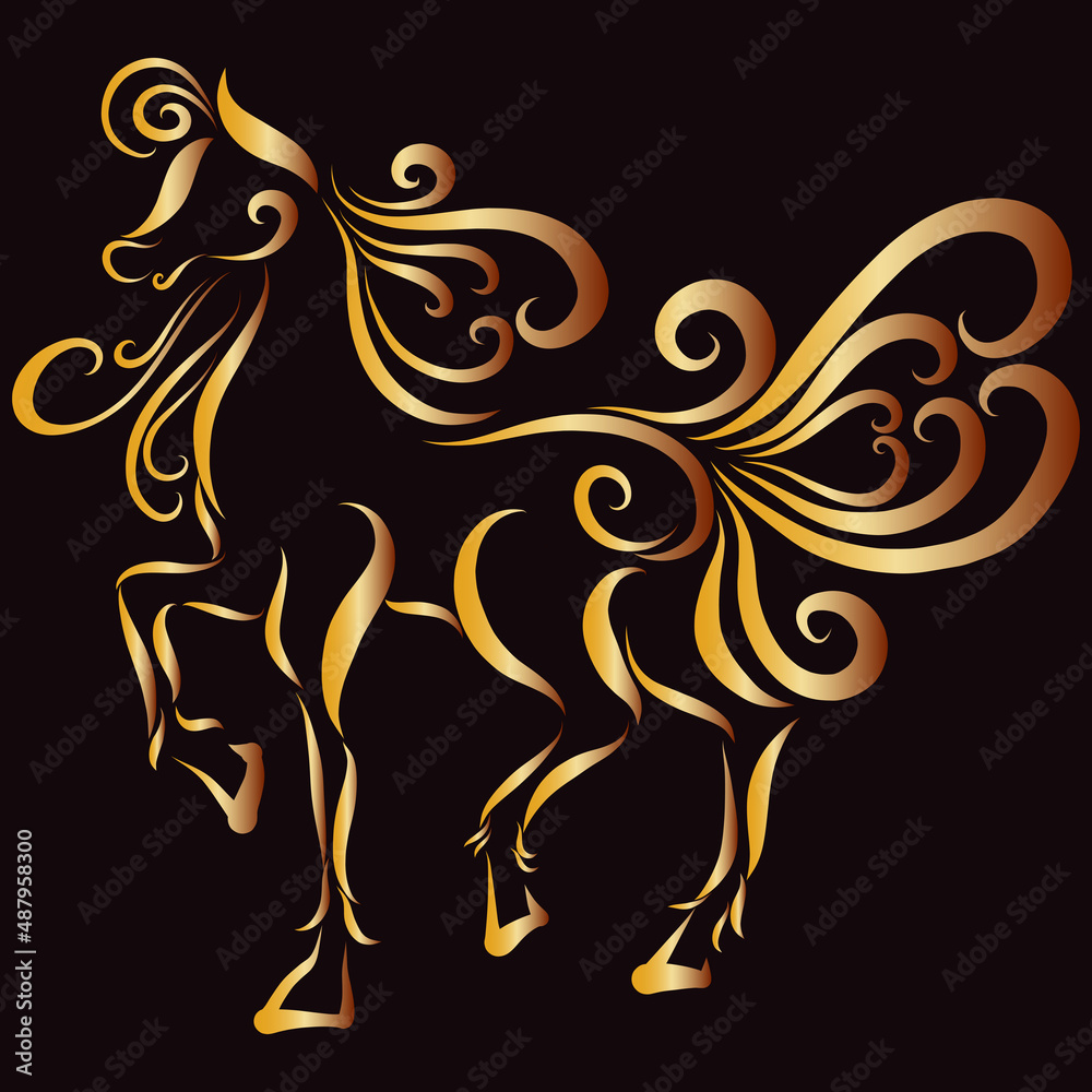 Obraz premium logo of a golden galloping horse with a fluffy graceful ornate mane jumping playfully knocking its hoof year of the fiery horse