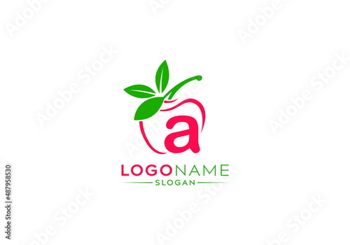 Small Letter a logo in fresh apple with green leaves, letter a logo and natural fruit apple vector shape