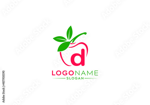 Small Letter d logo in fresh apple with green leaves, letter d logo and natural fruit apple vector shape