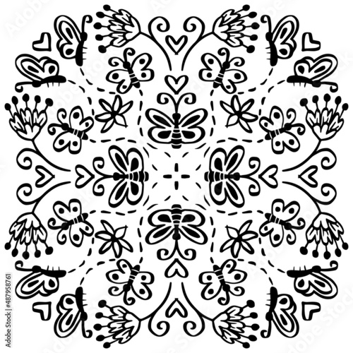 Mandala art pattern with cute butterfly