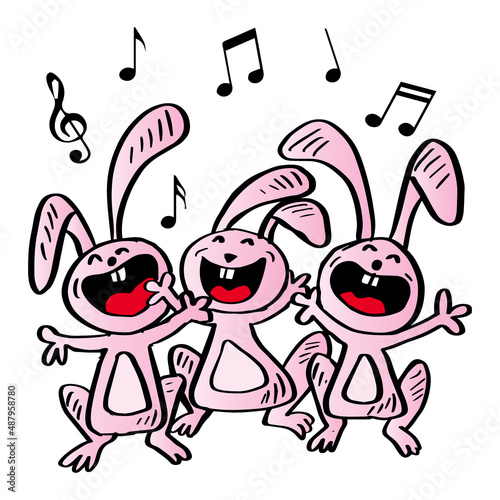 Cartoon three funny rabbit singing