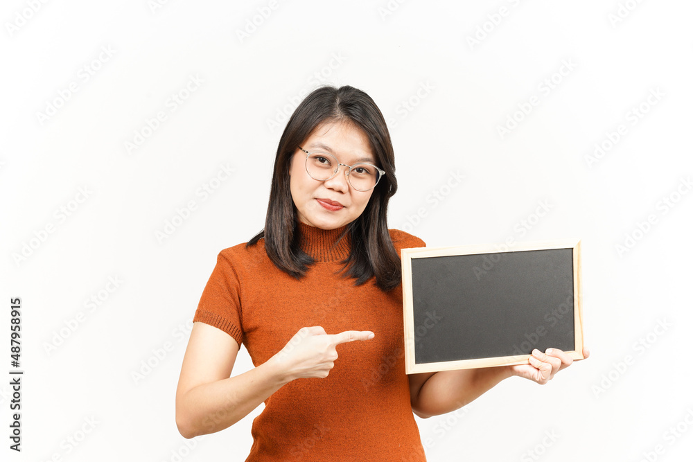 Showing, Presenting and holding Blank Blackboard Of Beautiful Asian Woman Isolated On White Background Showing, Presenting and holding Blank Blackboard Of Beautiful Asian Woman Isolated On White Background