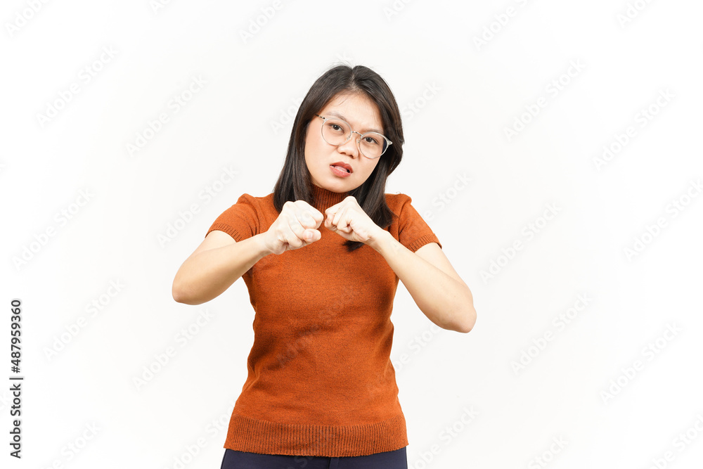 Punching fist to fight Of Beautiful Asian Woman Isolated On White Background Punching fist to fight Of Beautiful Asian Woman Isolated On White Background