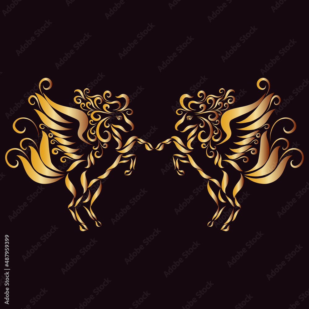 a romantic pair of winged pegasi with long curly manes with an elegant pattern gallop and raise their hooves and jump in golden colors