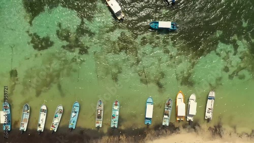 Aerial view boats moored in row on green ocean, Mexico
