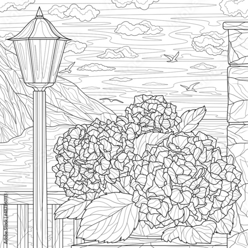 Bouquet of hydrangeas, street lamp and landscape. Sea and mountains.Coloring book antistress for children and adults. Illustration isolated on white background.Zen-tangle style. Hand draw