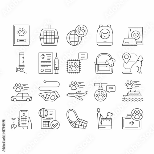 Pet Travel Equipment Collection Icons Set Vector .