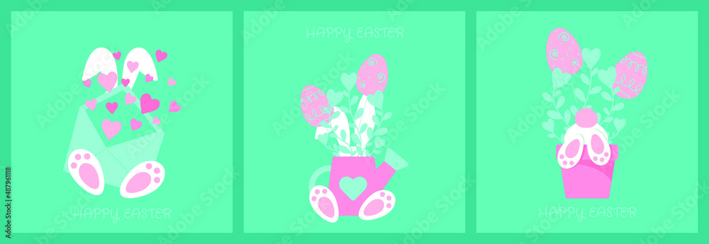 Happy easter collection with rabbit paws in pot,pastel colorful eggs and simple flowers compositions.Cute holiday vector illustration.For invitation,postcard,print,sticker,banner,poster and others. Happy easter collection with rabbit paws in pot,pastel colorful eggs and simple flowers compositions.Cute holiday vector illustration.For invitation,postcard,print,sticker,banner,poster and others.